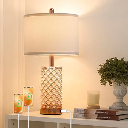 SAIWEYA 24in Crystal Table Lamp Set of 2 Bedroom Lamps for Night Stand | 3-Way Dimmable Touch with Night Ligh, 2 USB Ports + AC Outlet, White Fabric Shade, LED Bulb Included - color: Rose Gold-2 Pack 24In
