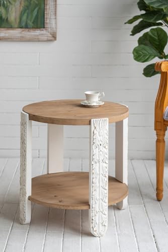 20" Round Side Table with Carved Leg, 2 Tier Storage Shelf | Farmhouse Solid Wood End Table for Living Room, Circle Coffee Table with Open Storage, Easy Assembly, Natural Brown Finish - color: A-20" Brown+white