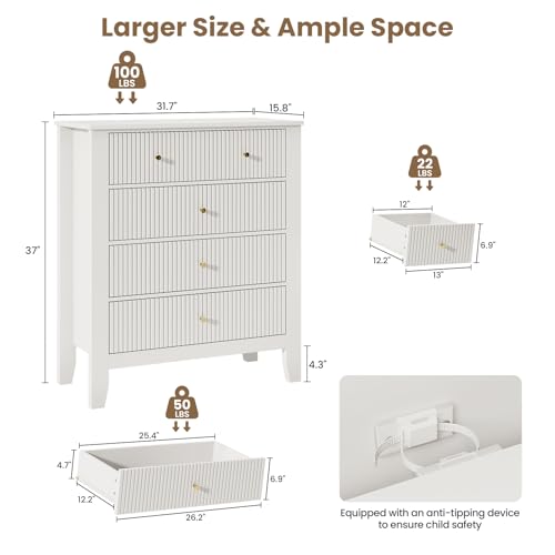 Upgraded Wide & Tall Fluted Nightstand for Bedroom, 32" * 37" Tall Modern Bedside Table with Charging Station, Curved Profile Design Drawers, End Table with Metal Handles for Living Room, Entryway - size: 5 drawers-1pc