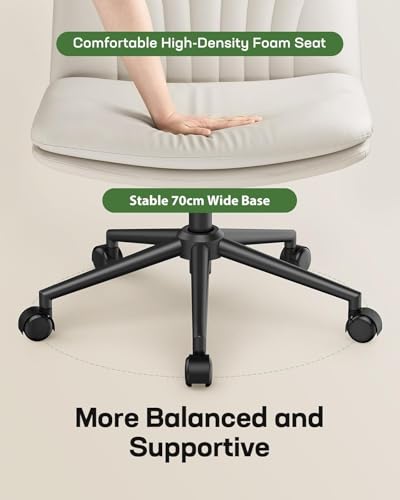 Marsail Armless-Office Desk Chair with Wheels: PU Leather Cross Legged Wide Chair,Comfortable Adjustable Swivel Task Chairs for Home,Office,Make Up,Small Space,Bed Room(Light Beige) - color: Light Beige