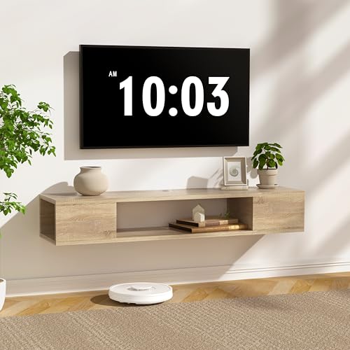 GHC Floating TV Stand, Wall Mounted Entertainment Center and Cabinet Shelf, TV Console with Storage for TVs up to 55", Under TV Shelf for Living Room (Natural Oak) - color: Natural Oak