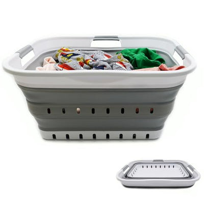 SAMMART 42L (11 gallon) Collapsible Plastic Laundry Basket - Foldable Pop Up Storage Container/Organizer - Space Saving Hamper/Basket (1, White/Grey) - color: White/Grey