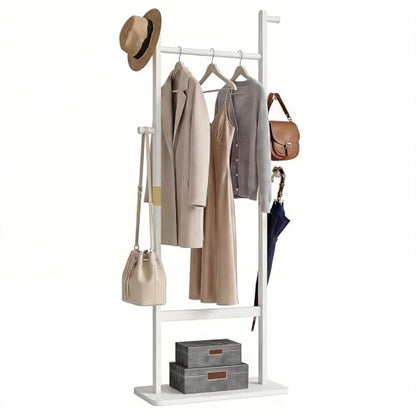 Solid Wood Coat Rack Freestanding, 71" Heavy Duty Clothes Rack with Dual Rods & Hooks, Stable Space Saving Hall Tree Entryway Organizer for Bedroom, Living Room (White) - color: White