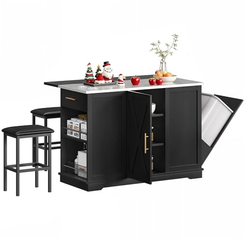 YITAHOME Kitchen Island with Seating | 47" Mobile Storage Island with Trash Can, Drop Leaf & Stainless Steel Countertop, 2 Stools, Spice Rack, Black