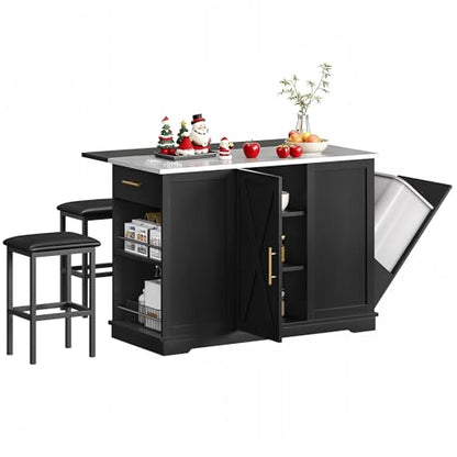 YITAHOME Kitchen Island with Seating | 47" Mobile Storage Island with Trash Can, Drop Leaf & Stainless Steel Countertop, 2 Stools, Spice Rack, Black