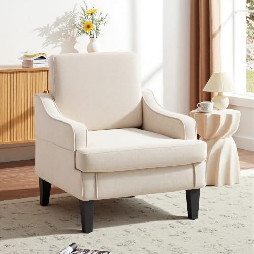 Accent Chair for Living Room,Mid-Century Arm Chair Fabric Living Room Chairs,Upholstered Reading Chair for Bedroom,Single Sofa Chair with Wood Legs for Apartment (Beige) - color: Beige