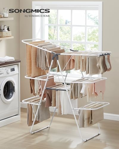 SONGMICS Clothes Drying Rack, Foldable 3-Level Laundry Rack, Free-Standing Large Drying Rack, with Height-Adjustable Wings, 39 Drying Rails, Sock Clips, White and Gray ULLR054W01 | Large Free-Standing Laundry Rack, Height-Adjustable Wings, White and Gray,