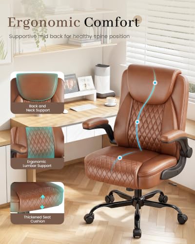COMHOMA Mid-Back Office Chair, Ergonomic PU Desk Chair with Flip up Arms, Small Computer Gaming with Comfy Lumbar Support,Rocking Function,Sturdy Metal Base, Brown - color: Brown
