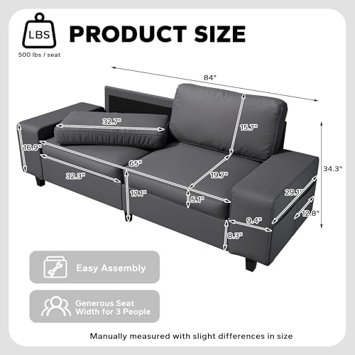 84" Leathaire Loveseat Couch, 3 Seater Retro Sofa with 4 Side Pockets, Removable and Washable Cushions, Living Room，Apartment, Office (Dark Grey) - color: Dark Grey Leathaire, size: 84 "