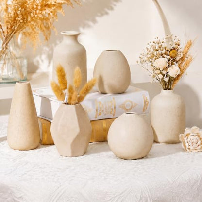 6 Pcs Mini Beige Ceramic Vase Set Modern Boho Bud Vases for Dried Flowers Plants Small Decorative Pottery Vases for Home Decor Wedding Bookshelf Coffee Table Centerpiece