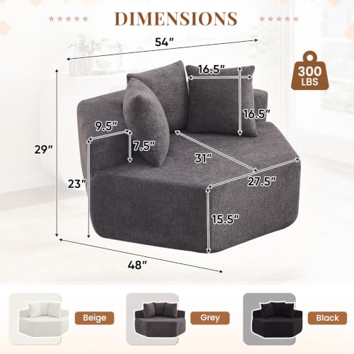 Oversized Round Chaise Lounge Chair Indoor, 54" Chenille Circle Single Cloud Reading Chairs Modern Upholstered Boneless Sofa for Living Room, Bedroom Apartment, Grey - color: Grey, style: 54"Hexagonal