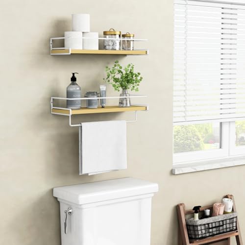 Forbena Natural Wood Bathroom Floating Shelves for Wall Set of 2, Light Wood Wall Shelves with Rail for Bathroom Nursery Office (Natural Wood and White) - color: 9. Natural Wood