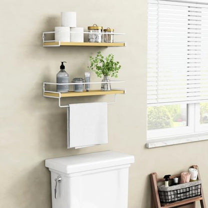 Forbena Natural Wood Bathroom Floating Shelves for Wall Set of 2, Light Wood Wall Shelves with Rail for Bathroom Nursery Office (Natural Wood and White) - color: 9. Natural Wood
