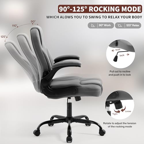 PU Leather Office Chair Swivel Lumbar Support for Short People Grey | Executive Office Chair PU,Leather Office Chair with Wheels,360° Swivel Rolling Chair with Padded Arm,Ergonomic Computer Chair - color: Grey