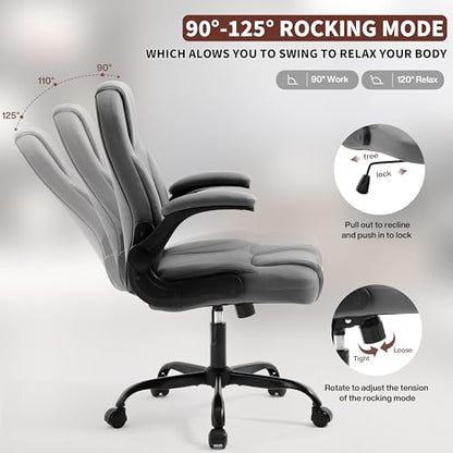 PU Leather Office Chair Swivel Lumbar Support for Short People Grey | Executive Office Chair PU,Leather Office Chair with Wheels,360° Swivel Rolling Chair with Padded Arm,Ergonomic Computer Chair - color: Grey