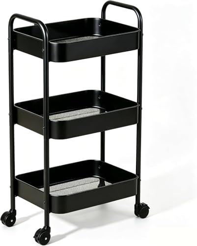 Multifunctional Rolling Utility Cart, 3-Tier Wheeled Storage Organizer with Brakes, Portable Shelving Unit for Home & Office Black