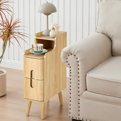 Small Nightstand Set of 2, Wood 2 Drawer Narrow Nightstand, Slim Side Table, Modern Skinny End Bedside Table, Natural Wood Night Stand with Drawers for Bedroom (Natural-2 pcs) - color: Natural-2 Pcs