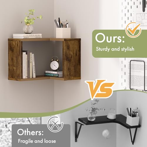 Floating Corner Shelf, 2-Tier Floating Shelf for Wall, Wood Floating Book Shelf for Living Room, Bedroom, Bathroom, Home Office, Rustic Brown - size: 2-Tier