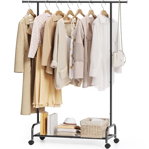 Clothes Rack with Wheels, Rolling Clothing Rack with Storage Shelf Sturdy Metal Garment Rack for Bedroom, Shop, Laundry Storage - 63H x 42W x 16D in - color: black