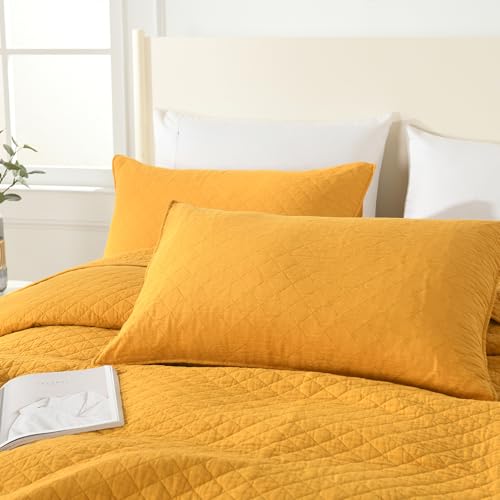 Wistown Cotton Queen Bedspread Quilt Bedding Set, Yellow | 3 Pieces Reversible Lightweight Soft Coverlets Comforters, All Seasons, Diamond Stitching Pattern - color: Yellow Diamond Pattern, size: Queen (90 by 98inch)