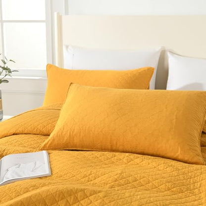 Wistown Cotton King Bedspread Quilt Bedding Set, Yellow | 3 Pieces Reversible Lightweight Soft Coverlets Comforters, All Seasons, Diamond Stitching Pattern - color: Yellow Diamond Pattern, size: King (98 by108inch)