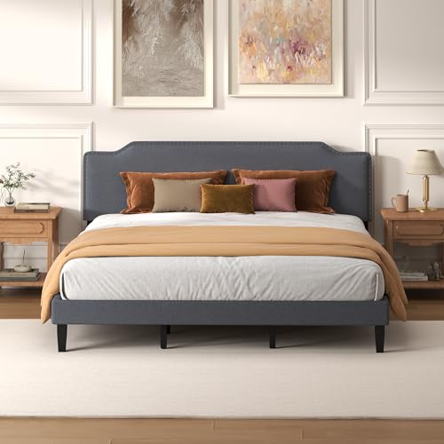King Size Bed Frame with Upholstered Headboard, Platform Bed with Soft Linen Adjustable Headboard | Classic Elegant Studded Design | Wood Slats | No Box Spring Needed, King Bed Frame Dark Grey - color: Dark Grey, size: King (U.S. Standard)