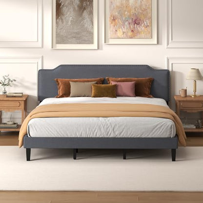 King Size Bed Frame with Upholstered Headboard, Platform Bed with Soft Linen Adjustable Headboard | Classic Elegant Studded Design | Wood Slats | No Box Spring Needed, King Bed Frame Dark Grey - color: Dark Grey, size: King (U.S. Standard)