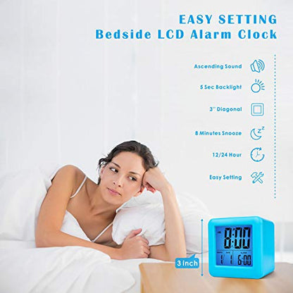 Plumeet Digital Alarm Clock Kids with Snooze and Nightlight - Easy Setting Silicone Clock Display Time, Date - Loud for Bedroom - Battery Powered (Blue) - color: Light Blue
