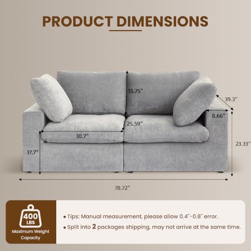 79" Cloud Modular Sofa, Convertible Modular Loveseat Couch, Cotton Linen Fabric Sofa for Living Room, Apartment and Bedroom, Removable Covers, 2 Pillows, Grey - color: Grey, size: 2-Seater