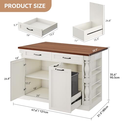 Kitchen Island with Drop Leaf, 47.6" Kitchen Island with Storage | with Power Outlet & Trash Bin Rolling Kitchen Cart with Spice Rack Island Table for Kitchen Breakfast Home Bar, Antique White