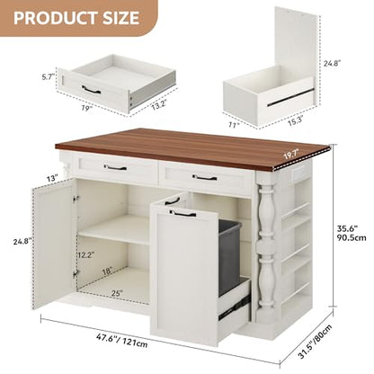 Kitchen Island with Drop Leaf, 47.6" Kitchen Island with Storage | with Power Outlet & Trash Bin Rolling Kitchen Cart with Spice Rack Island Table for Kitchen Breakfast Home Bar, Antique White