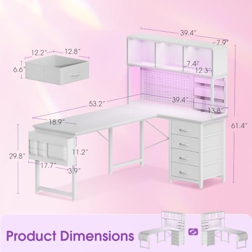 AODK 53" L Shaped Gaming Desk with Pegboard, Hutch & 4 Drawers, White - color: White