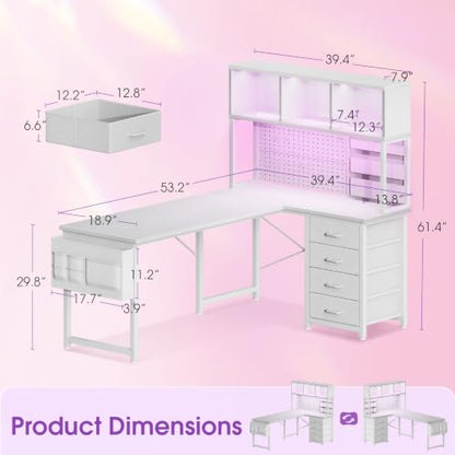 AODK 53" L Shaped Gaming Desk with Pegboard, Hutch & 4 Drawers, White - color: White