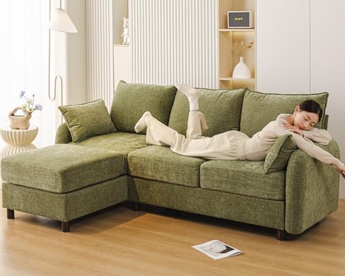 86'' Sectional Couches,with Movable Chaise Lounge,Chenille,Green | L Shaped Couch,Comfy 3 Seats Sofa with Thick Cushion,Wood Legs,2 Throw Pillows,Sectional for Living Room,Bedroom,Apartment - size: 86'' L Shaped Sofa