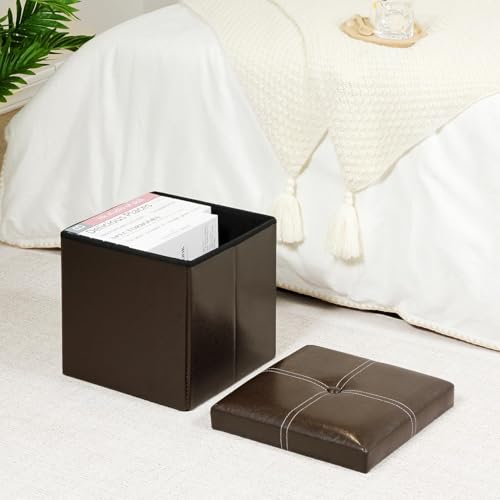 B FSOBEIIALEO Folding Storage Ottoman Cube, Faux Leather Footrest Seat Coffee Table, Brown 11.8"x11.8"x11.8" - color: Brown 11.8"x11.8"x11.8"