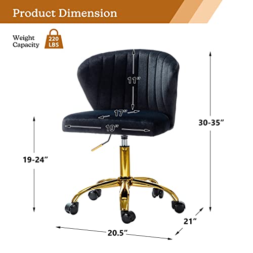 TINA'S HOME Office Desk Chairs with Wheels & Gold Base, Modern Velvet Cute Armless Office Chair, Adjustable Low Back Swivel Rolling Chair, Upholstered Task Chair for Living Room Vanity Study-Black | Modern Velvet Cute Armless Office Chair, Adjustable Low