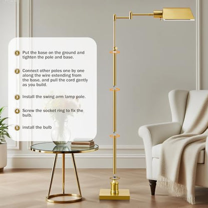 Traditional Height Adjustable Pharmacy Floor Lamp with 350° Swing Arm, Color Temperature Adjustable Standing Lamp Metal Shade for Living Room Reading House Bedroom Home Office(Gold) - color: Gold