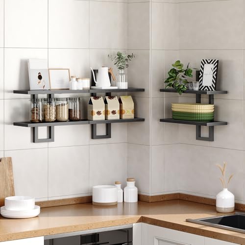HOOBRO Floating Shelves, 15 Inch Wall Shelf Set of 3, Wall Mounted Storage Shelves 2-Tier, Hanging Bathroom Shelves, for Living Room, Bedroom, Bathroom, Kitchen, Black BK32BJP301 - color: Black