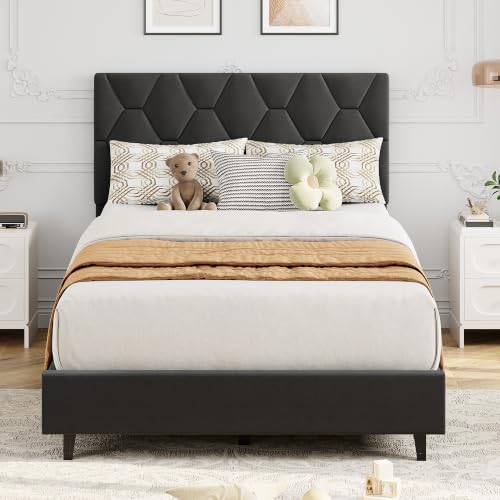 GAOMON Grey Twin Bed Frame with Upholstered Headboard, Heavy-Duty Platform Bed Frame with Strong Wood Slats, No Box Spring Needed/Noise Free/Easy Assembly - color: Grey, size: Twin