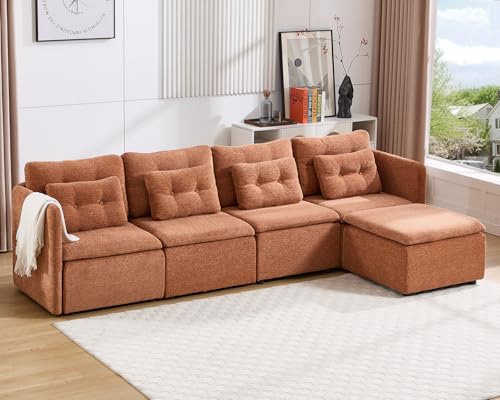 HNY 110" Modern L-Shaped Sectional Sofa, Brown | 4-Seat Button Tufted Modular Couch, Chenille Fabric With Pillow & Ottoman, Comfortable Deep Seat for Living Room, Apartment - color: Brown, size: 4 Seater-L Shape