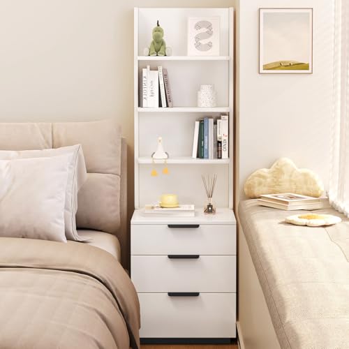 Tall Nightstand with Drawers & Open Shelves, 51.18" Bedside Storage Cabinet, Modern Free-Standing Bedroom End Table with Bookcase, Space-Saving, Easy Assembly, White