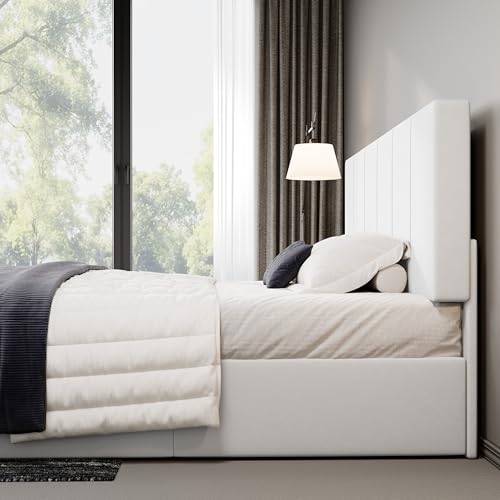 Allewie King Size Dutch Velvet Upholstered Platform Bed Frame/Vertical Channel Tufted Adjustable Headboard/Low Profile Bed Frame/No Box Spring Needed/Easy Assembly/White - color: White, size: King
