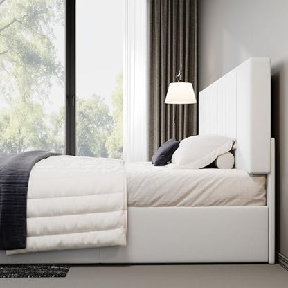 Allewie King Size Dutch Velvet Upholstered Platform Bed Frame/Vertical Channel Tufted Adjustable Headboard/Low Profile Bed Frame/No Box Spring Needed/Easy Assembly/White - color: White, size: King