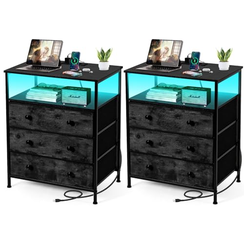 3-Drawer LED Nightstand Set 2 with Charging Station, Black | Engineered Wood and Steel, 2 AC and 2 USB ports, 24 Inch Wide, RGB App Control, Fabric Drawers, Open Storage Shelf - color: Black, 2 Pack
