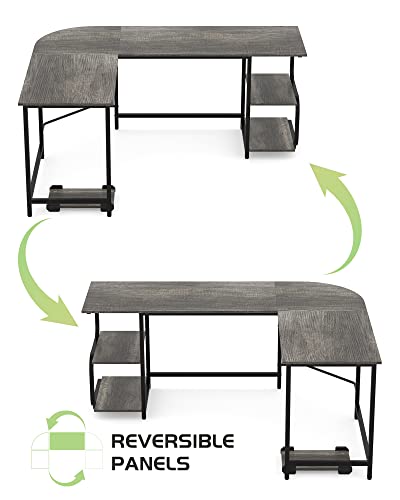 Reversible L Shaped Desk with Shelves 61" Gaming Corner Desk with Storage | Large Desktop Surface, 2-Tier Open Storage Shelves, Premium Office Computer Desk Workstation for Home Office, Gaming, Study