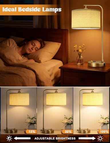 Innqoo Gold Table Lamp with Weaving lampshade, Table Lamp for Bedroom with USB Port and Outlet, Dimmable Nightstand Bedside Lamps with Linen Lampshade, Desk Lamp for Home Office, Living Room - color: I-Weaving Shade & Gold Base