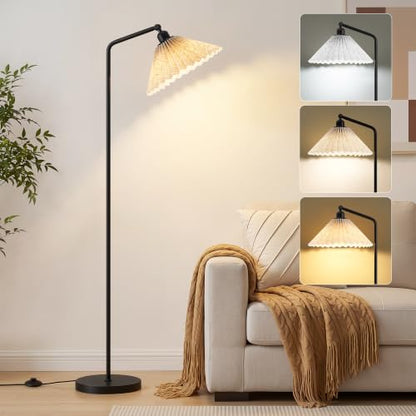 Floor Lamps for Living Room & Bedroom, 63" Modern Tall Standing Lamp, 3CCT | Rustic Pole Lamps for Home Office, Classroom, Bedside, Pleated Lampshade, Foot Switch, Easy Assembly (Bulb Included) - color: Black