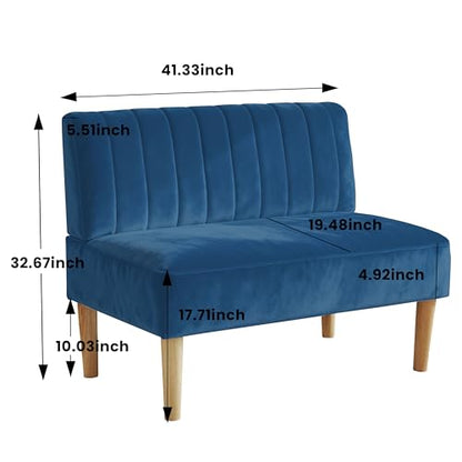 42" Velvet Armless Loveseat Settee, Mini Two-Seater Couch with Channel-Tufted Back, Solid Wood Legs, Compact Bench with Back for Small Apartment, Kitchen Nook & Entryway, Easy Assembly (Blue)