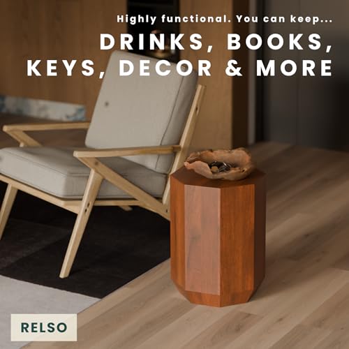 Relso Octavian Geometric End Table - Solid Mango Wood, Walnut Finish, Boho Design, Modern Farmhouse Style, Compact Coffee Table, Nightstand for Bedroom, Living Room, Reading Area (Octavian Brown) - color: Brown