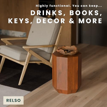 Relso Octavian Geometric End Table - Solid Mango Wood, Walnut Finish, Boho Design, Modern Farmhouse Style, Compact Coffee Table, Nightstand for Bedroom, Living Room, Reading Area (Octavian Brown) - color: Brown